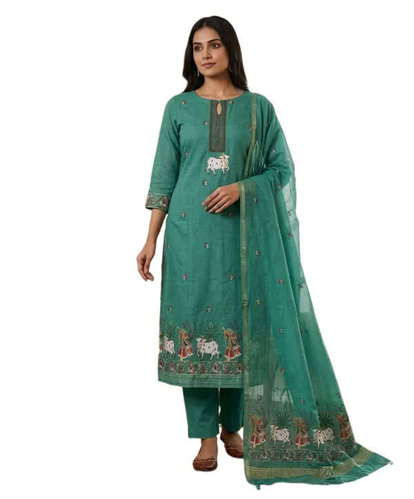 Green_Muga_Banarasi_Cotton_Weaving_Unstitched_Kurta_Set_For_Women