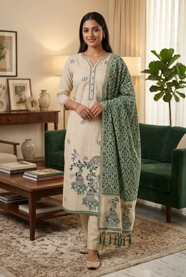 Cream_And_Green_Muga_Banarasi_Cotton_Weaving_Unstitched_Kurta_Set_For_Women