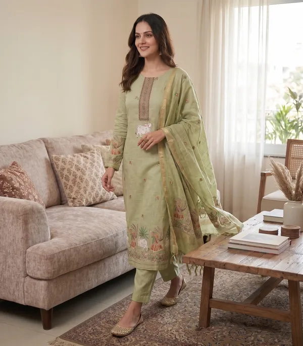 Green_Muga_Banarasi_Cotton_Weaving_Unstitched_Kurta_Set_For_Women