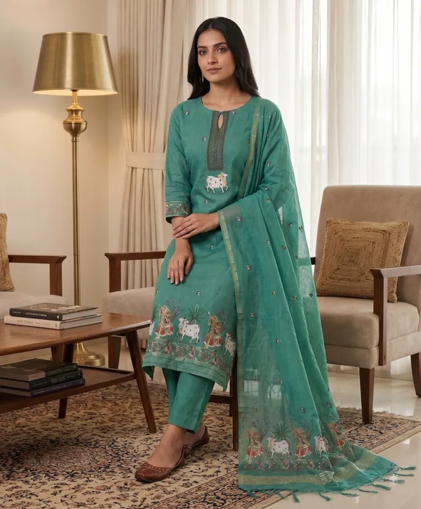 Green_Muga_Banarasi_Cotton_Weaving_Unstitched_Kurta_Set_For_Women