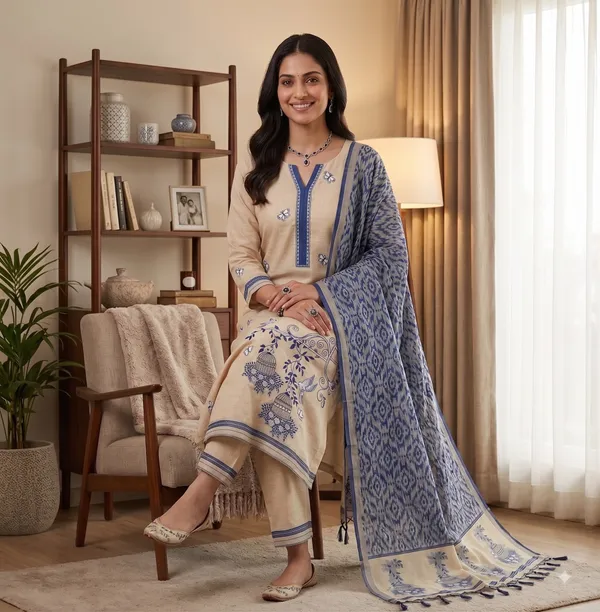 Beige_Muga_Banarasi_Cotton_Weaving_Unstitched_Kurta_Set_For_Women