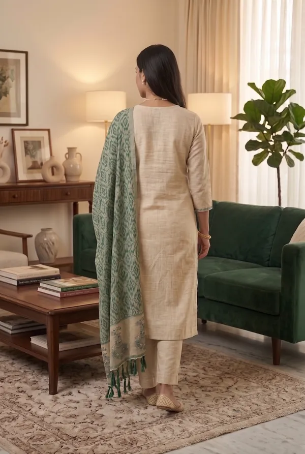 Cream_And_Green_Muga_Banarasi_Cotton_Weaving_Unstitched_Kurta_Set_For_Women