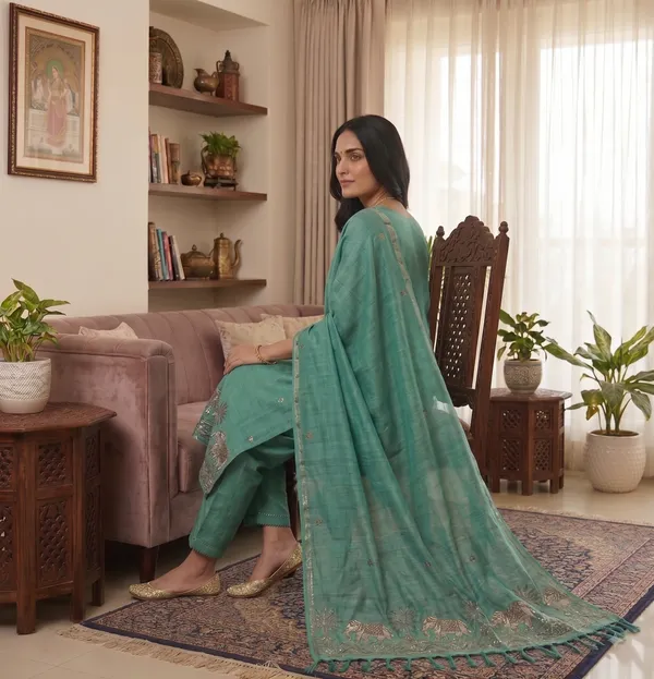 Green_Muga_Banarasi_Cotton_Weaving_Unstitched_Kurta_Set_For_Women