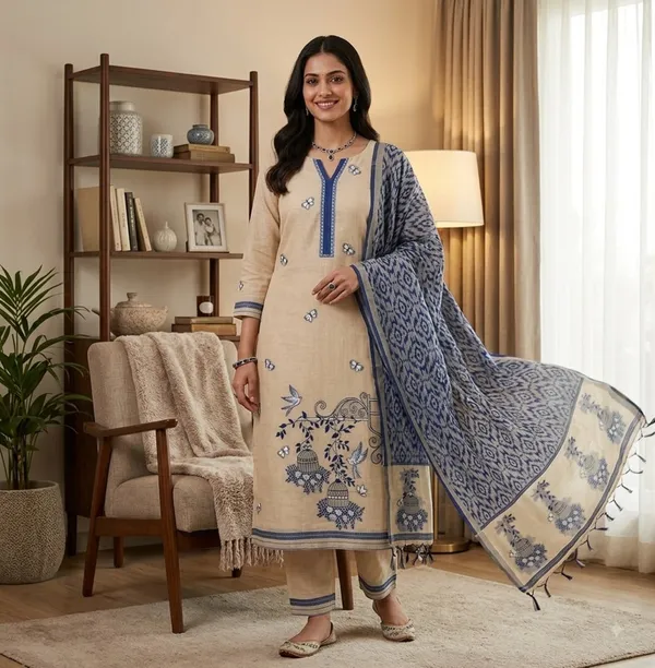 Beige_Muga_Banarasi_Cotton_Weaving_Unstitched_Kurta_Set_For_Women