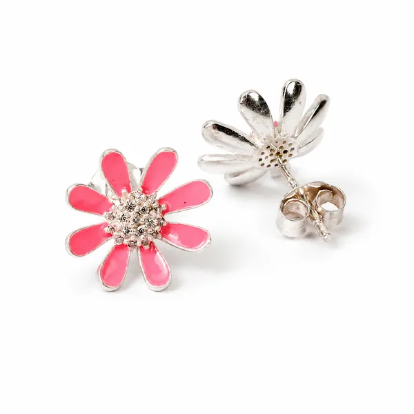 Pink_925_Silver_Pink_Enamel_Cz_Sunflower_Stud_Earrings_For_Women