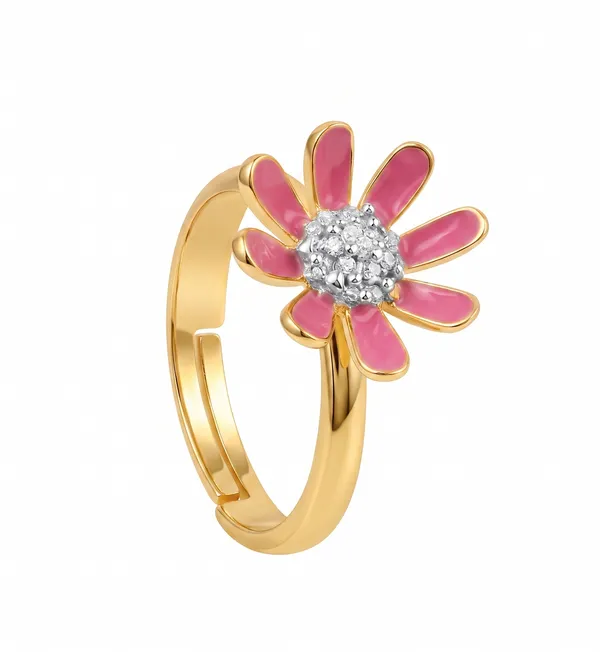 Gold_&_Pink_925_Silver_Enamel_Cz_Sunflower_Ring_For_Women