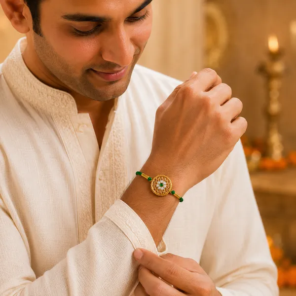 Green_Brass_Cz_Filigree_Medallion_Rakhi_For_Men