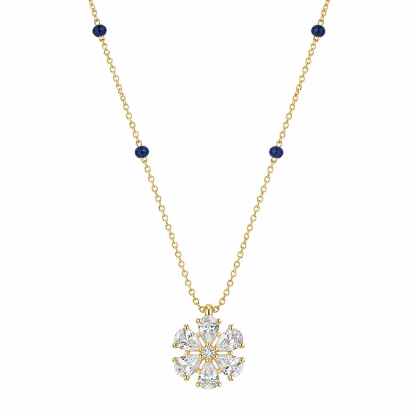 Gold_Tone_Blue_Beaded_Floral_Pendant_Necklace_For_Women