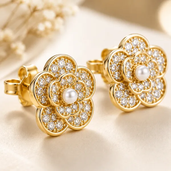 Gold_Tone_Floral_Stud_Earrings_For_Women