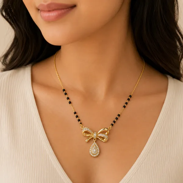 Gold_Tone_Black_Beaded_Bow_Pendant_Necklace_For_Women