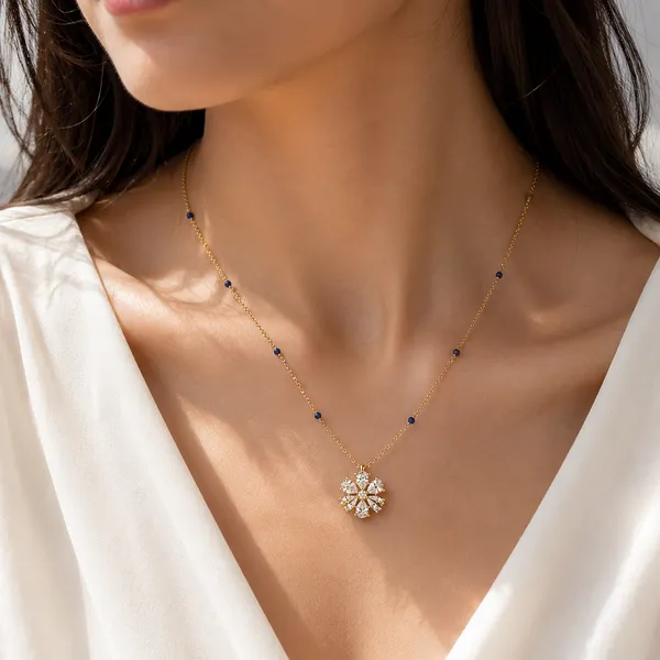 Gold_Tone_Blue_Beaded_Floral_Pendant_Necklace_For_Women