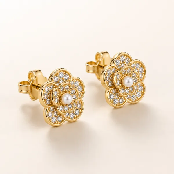 Gold_Tone_Floral_Stud_Earrings_For_Women