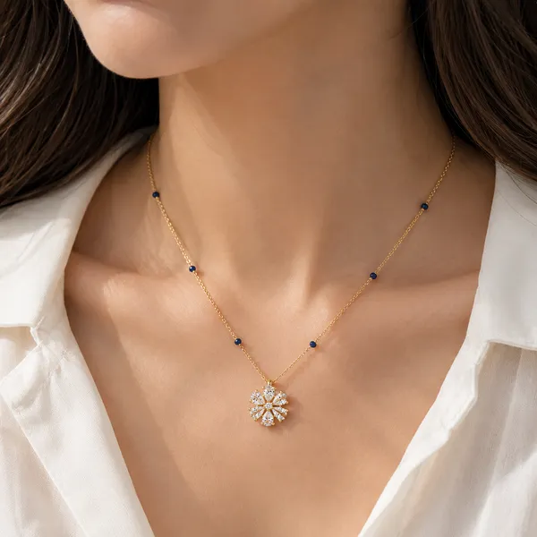 Gold_Tone_Blue_Beaded_Floral_Pendant_Necklace_For_Women