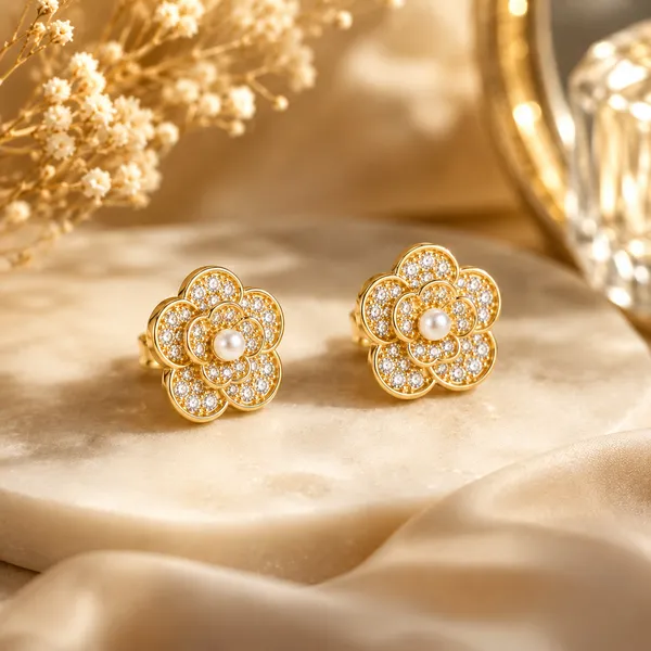 Gold_Tone_Floral_Stud_Earrings_For_Women