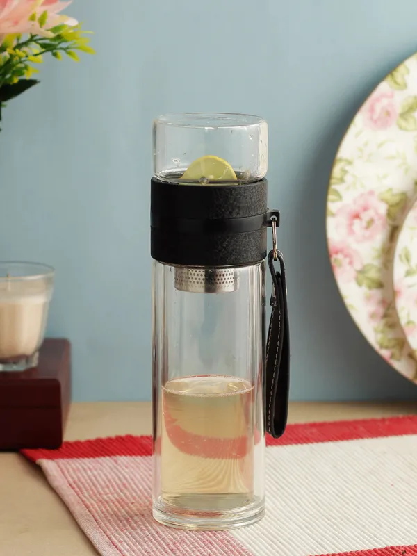TXOR_INFUZE_PLUS,_Insulated_Borosilicate_Glass_Bottle_with_TEA_&_FRUIT_Infuser,_400_ml_with_Inbuilt_Cup_and_Mesh_Filter_Black_Color