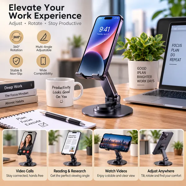 TXOR_KEG360,_Portable_Desktop_360_Rotatable,_Height_Adjustable_and_Foldable_Smart_Phone_Stand_Holder_(Compatible_:_4"_-_12.9"),_Aluminum_Metal_Base_Black_Color