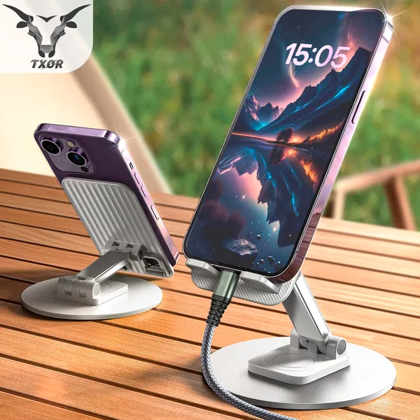 TXOR_KEG360,_Portable_Desktop_360_Rotatable,_Height_Adjustable_and_Foldable_Smart_Phone_Stand_Holder_(Compatible_:_4"_-_12.9"),_Aluminum_Metal_Base_White_Color