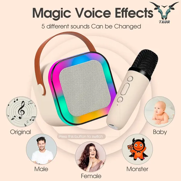 TXOR_LUNA,_Mini_Portable_Karaoke_5W_Bluetooth_LED_Speaker_with_Mic,_5-6_Hrs_Playtime_&_Voice_Changing_Effects,_Beige_Color