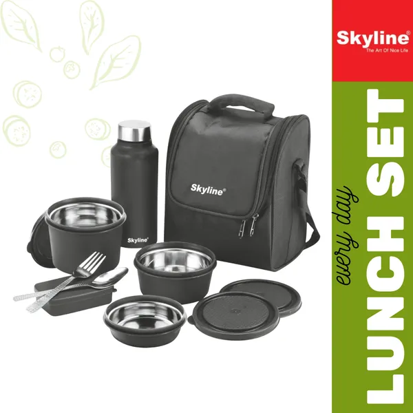 TXOR_Everyday_Office_Lunch_Box_Set_|_All-in-One_3-_SS_Microwave_Safe_Containers,_Pickle_Box,_Steel_Bottle,_Cutlery_Set_&_Insulated_Bag,_Black_Color