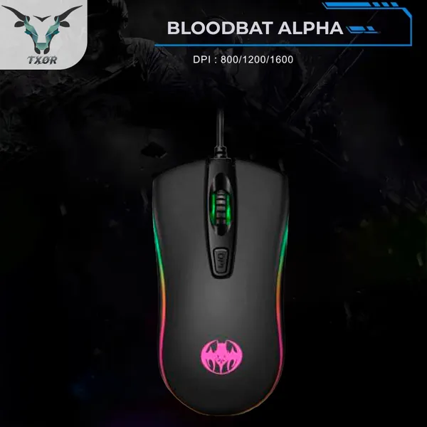 TXOR_BLOODBAT_ALPHA,_Soft_Feel_Ergonomic_Design_Wired_Optical_Gaming_Mouse_With_RGB_Lighting_&_upto_1600_DPI,_Black_Color