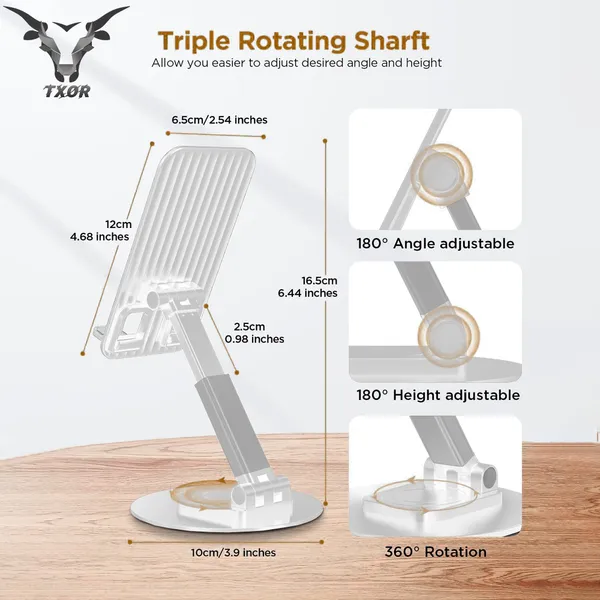 TXOR_KEG360,_Portable_Desktop_360_Rotatable,_Height_Adjustable_and_Foldable_Smart_Phone_Stand_Holder_(Compatible_:_4"_-_12.9"),_Aluminum_Metal_Base_White_Color