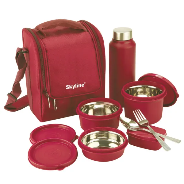 TXOR_Everyday_Office_Lunch_Box_Set_|_All-in-One_3-_SS_Microwave_Safe_Containers,_Pickle_Box,_Steel_Bottle,_Cutlery_Set_&_Insulated_Bag,_Cherry_Color