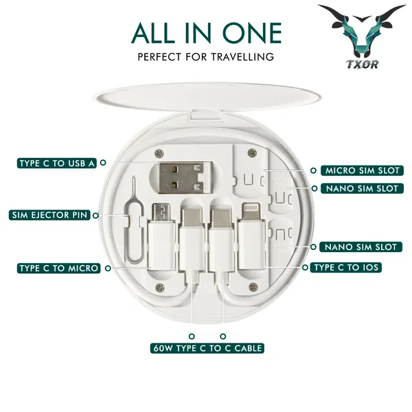 TXOR_TWOD360,_All-in-One_60W_Multi_Functional_Fast_Charging_Data_Cable_&_Accessory_Storage_Set_(White_Color)