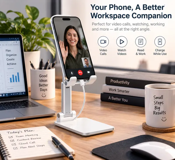 TXOR_REX90,_Portable_Desktop,_Height_Adjustable_and_Foldable_Smart_Phone_Stand_Holder_(Compatible_:_4"_-_12.9"),_ABS_Base_White_Color