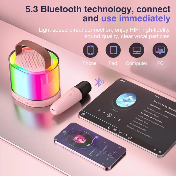 TXOR_MERAK,_Mini_Portable_Karaoke_Machine_with_1_Wireless_Mic_&_5W_Bluetooth_Large_LED_Speaker,_5-6_Hrs_Playtime_&_Voice_Changing_Effects,_Poppy_Pink_Color