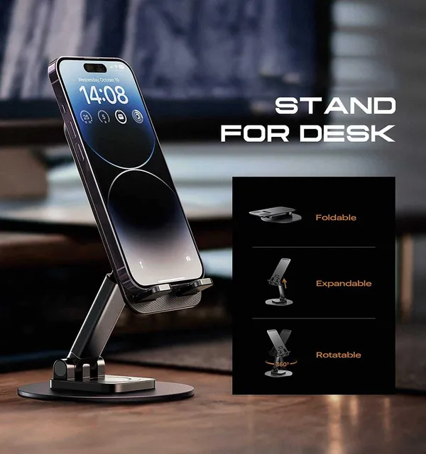 TXOR_KEG360,_Portable_Desktop_360_Rotatable,_Height_Adjustable_and_Foldable_Smart_Phone_Stand_Holder_(Compatible_:_4"_-_12.9"),_Aluminum_Metal_Base_Black_Color