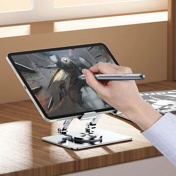 TXOR_MAZ-X40,_Foldable_&_Portable_Heavy_Duty_Aluminum_Tablet_Stand_with_360_Degree_Rotation_(Compatible_:_4.7"_-_12.9"),_Anti-Slip_Base_Silver_Color