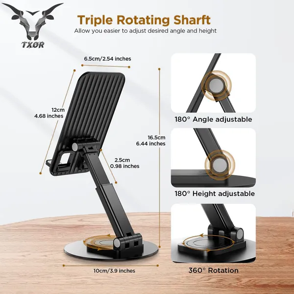 TXOR_KEG360,_Portable_Desktop_360_Rotatable,_Height_Adjustable_and_Foldable_Smart_Phone_Stand_Holder_(Compatible_:_4"_-_12.9"),_Aluminum_Metal_Base_Black_Color