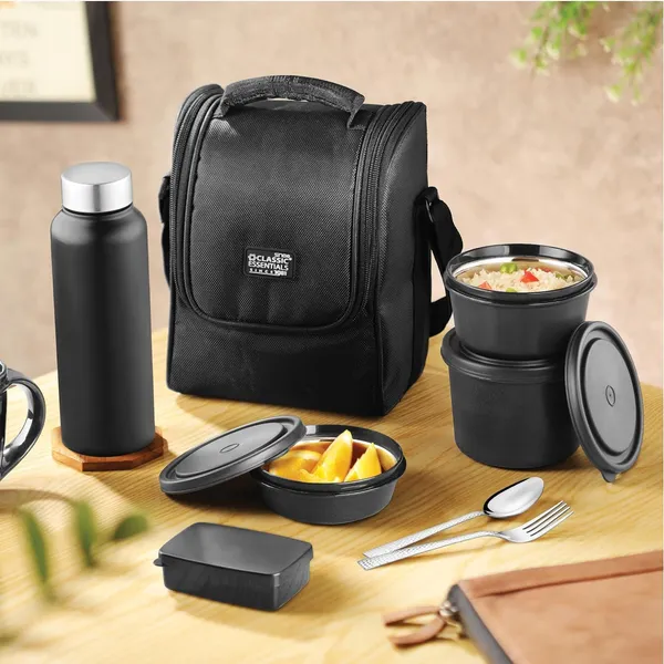 TXOR_Everyday_Office_Lunch_Box_Set_|_All-in-One_3-_SS_Microwave_Safe_Containers,_Pickle_Box,_Steel_Bottle,_Cutlery_Set_&_Insulated_Bag,_Black_Color
