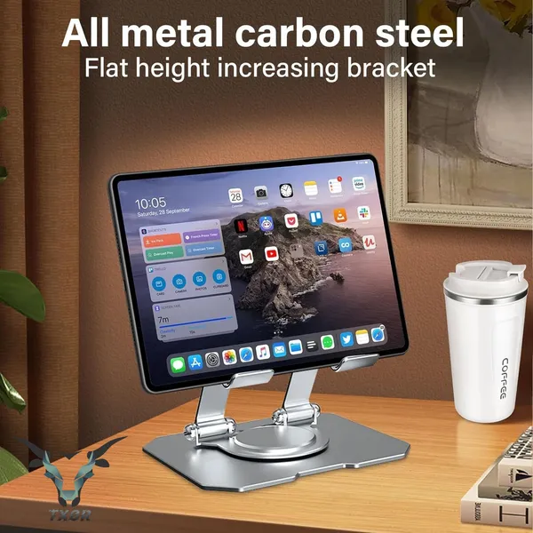 TXOR_MAZ-X40,_Foldable_&_Portable_Heavy_Duty_Aluminum_Tablet_Stand_with_360_Degree_Rotation_(Compatible_:_4.7"_-_12.9"),_Anti-Slip_Base_Silver_Color
