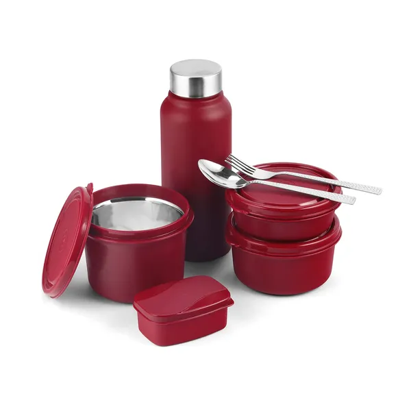 TXOR_Everyday_Office_Lunch_Box_Set_|_All-in-One_3-_SS_Microwave_Safe_Containers,_Pickle_Box,_Steel_Bottle,_Cutlery_Set_&_Insulated_Bag,_Cherry_Color