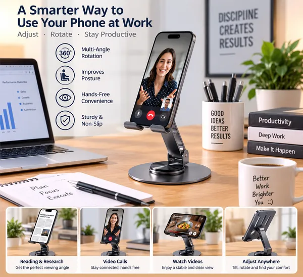 TXOR_CRIB60,_Portable_Desktop_360_Rotatable,_Height_Adjustable_&_Foldable_Smart_Phone_Stand_Holder_(Compatible_:_4"_-_12.9"),_Aluminum_Metal_Base_Grey_Color