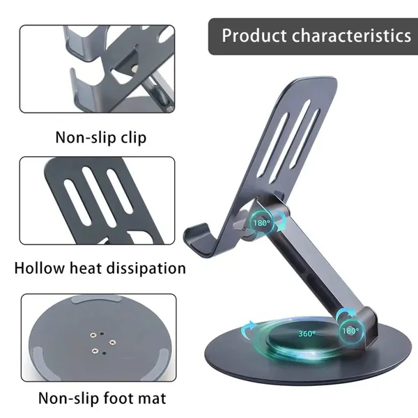 TXOR_CRIB60,_Portable_Desktop_360_Rotatable,_Height_Adjustable_&_Foldable_Smart_Phone_Stand_Holder_(Compatible_:_4"_-_12.9"),_Aluminum_Metal_Base_Grey_Color