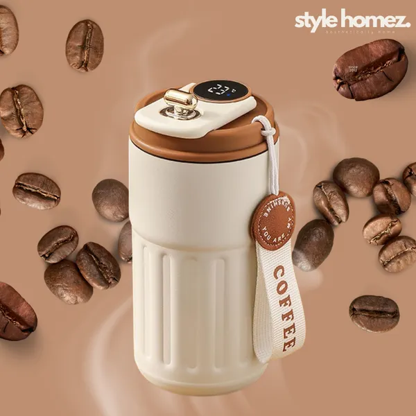 TXOR_ELLO_Coffee_Tumbler,_Double_Wall_Stainless_Steel_Vacuum_Insulated_410_ml_Thermal_Flask_With_Safety_Lid_Lock_&_LED,_TAN_Cream_Color