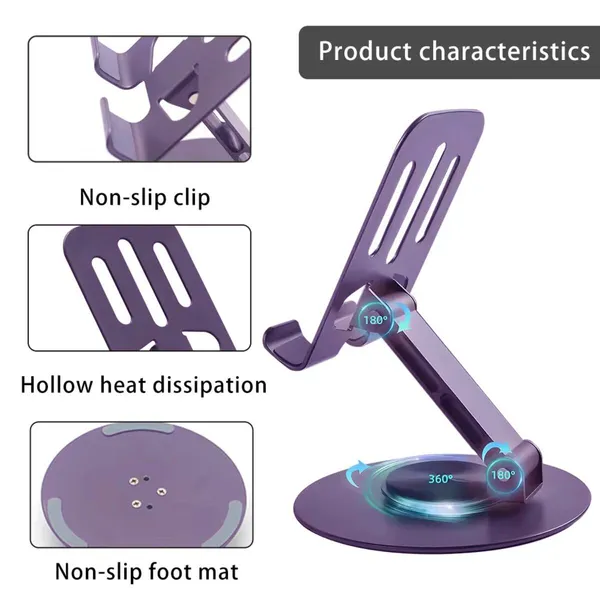 TXOR_CRIB60,_Portable_Desktop_360_Rotatable,_Height_Adjustable_&_Foldable_Smart_Phone_Stand_Holder_(Compatible_:_4"_-_12.9"),_Aluminum_Metal_Base_Purple_Color