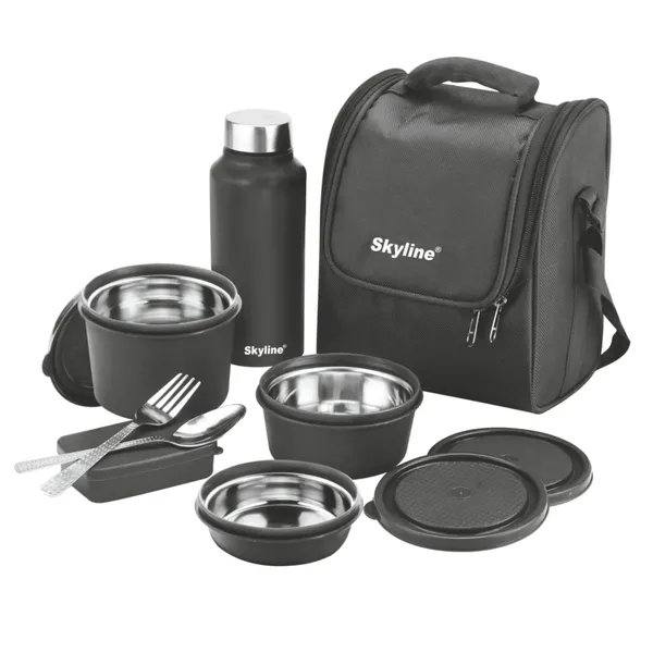 TXOR_Everyday_Office_Lunch_Box_Set_|_All-in-One_3-_SS_Microwave_Safe_Containers,_Pickle_Box,_Steel_Bottle,_Cutlery_Set_&_Insulated_Bag,_Black_Color