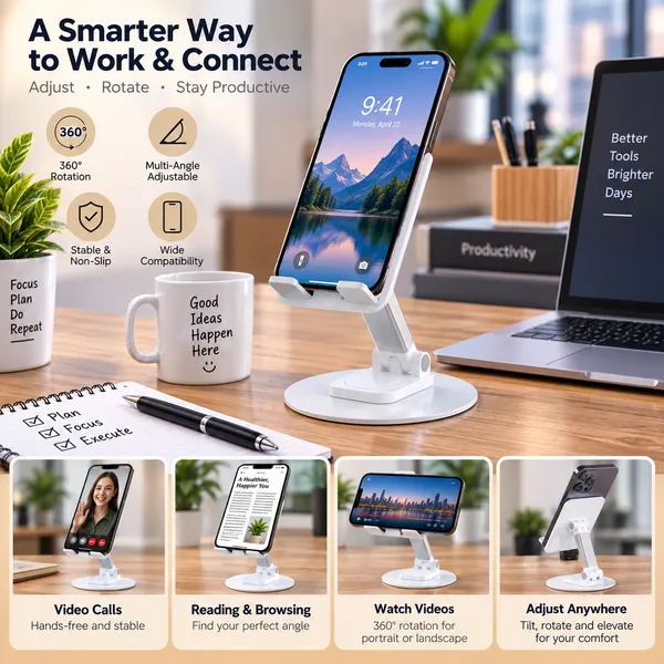 TXOR_KEG360,_Portable_Desktop_360_Rotatable,_Height_Adjustable_and_Foldable_Smart_Phone_Stand_Holder_(Compatible_:_4"_-_12.9"),_Aluminum_Metal_Base_White_Color