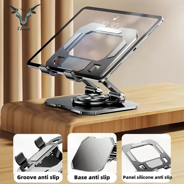 TXOR_MAZ-X40,_Foldable_&_Portable_Heavy_Duty_Aluminum_Tablet_Stand_with_360_Degree_Rotation_(Compatible_:_4.7"_-_12.9"),_Anti-Slip_Base_Black_Color