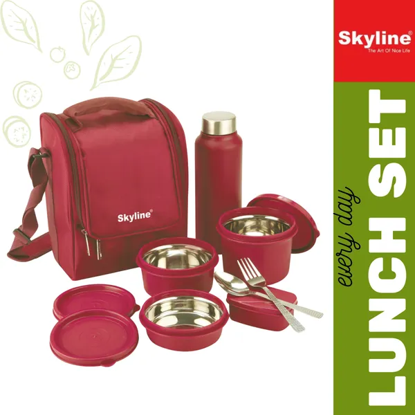TXOR_Everyday_Office_Lunch_Box_Set_|_All-in-One_3-_SS_Microwave_Safe_Containers,_Pickle_Box,_Steel_Bottle,_Cutlery_Set_&_Insulated_Bag,_Cherry_Color