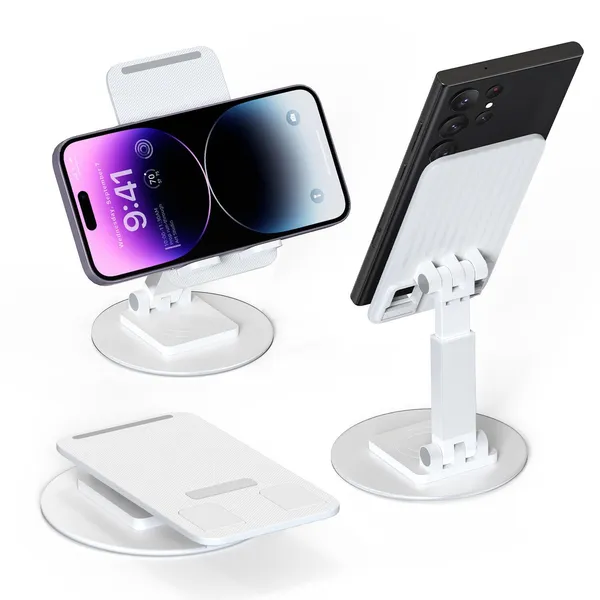 TXOR_KEG360,_Portable_Desktop_360_Rotatable,_Height_Adjustable_and_Foldable_Smart_Phone_Stand_Holder_(Compatible_:_4"_-_12.9"),_Aluminum_Metal_Base_White_Color
