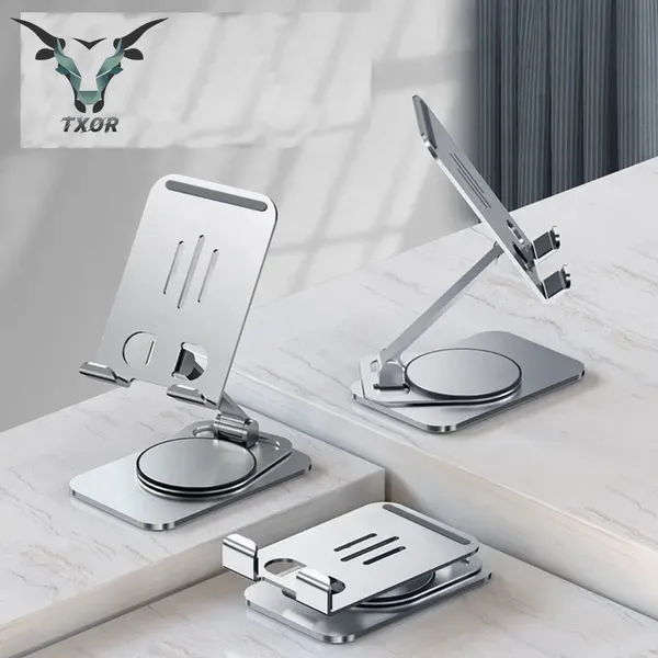 TXOR_CRIB60,_Portable_Desktop_360_Rotatable,_Height_Adjustable_&_Foldable_Smart_Phone_Stand_Holder_(Compatible_:_4"_-_12.9"),_Aluminum_Metal_Base_Grey_Color