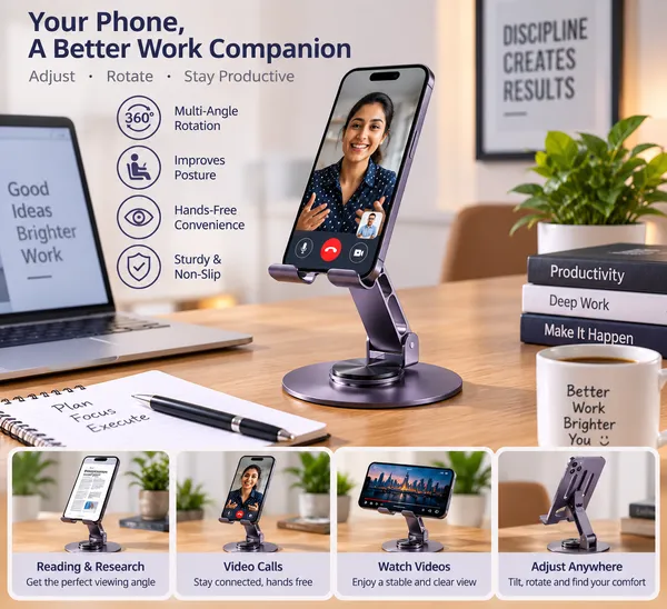 TXOR_CRIB60,_Portable_Desktop_360_Rotatable,_Height_Adjustable_&_Foldable_Smart_Phone_Stand_Holder_(Compatible_:_4"_-_12.9"),_Aluminum_Metal_Base_Purple_Color