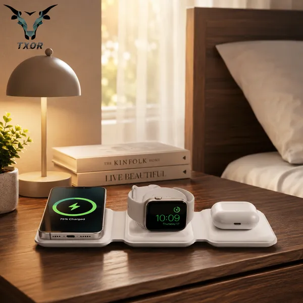 TXOR_AVA_X1,_3-in-1_Magnetic_Wireless_Charger,_15W_Fast_Charging_Dock_for_iPhone,_2.5W_for_Apple_Watch,_5W_for_AirPods,_Magnetic_Alignment,_Slim_&_Lightweight_Wireless_Charging_hub,_White_Color
