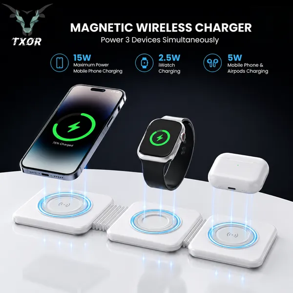 TXOR_AVA_X1,_3-in-1_Magnetic_Wireless_Charger,_15W_Fast_Charging_Dock_for_iPhone,_2.5W_for_Apple_Watch,_5W_for_AirPods,_Magnetic_Alignment,_Slim_&_Lightweight_Wireless_Charging_hub,_White_Color