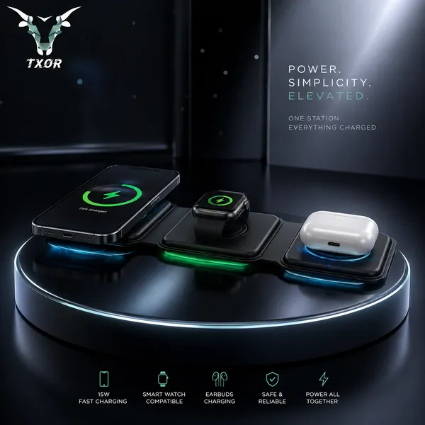 TXOR_AVA_X1,_3-in-1_Magnetic_Wireless_Charger,_15W_Fast_Charging_Dock_for_iPhone,_2.5W_for_Apple_Watch,_5W_for_AirPods,_Magnetic_Alignment,_Slim_&_Lightweight_Wireless_Charging_hub,_Black_Color