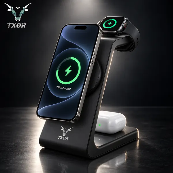 TXOR_MAGNA_X2,_3_in_1_Steady_Wireless_Charging_Dock_Station_with_15W_Fast_Charging_Stand_with_Magnetic_Suction,_Height_Adjustable_for_Iphone/Airpods_/watch,_Black_Color